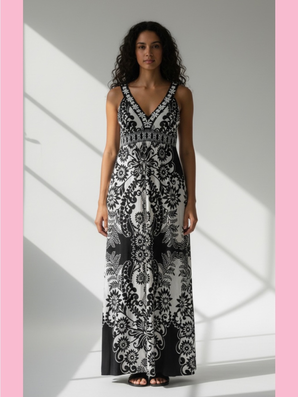 Style & Co. Black and White Floral V-Neck Maxi Dress